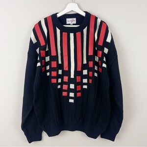 Vintage Bagazio Leather Wool Blend Stripe Check Pattern Crewneck Sweater